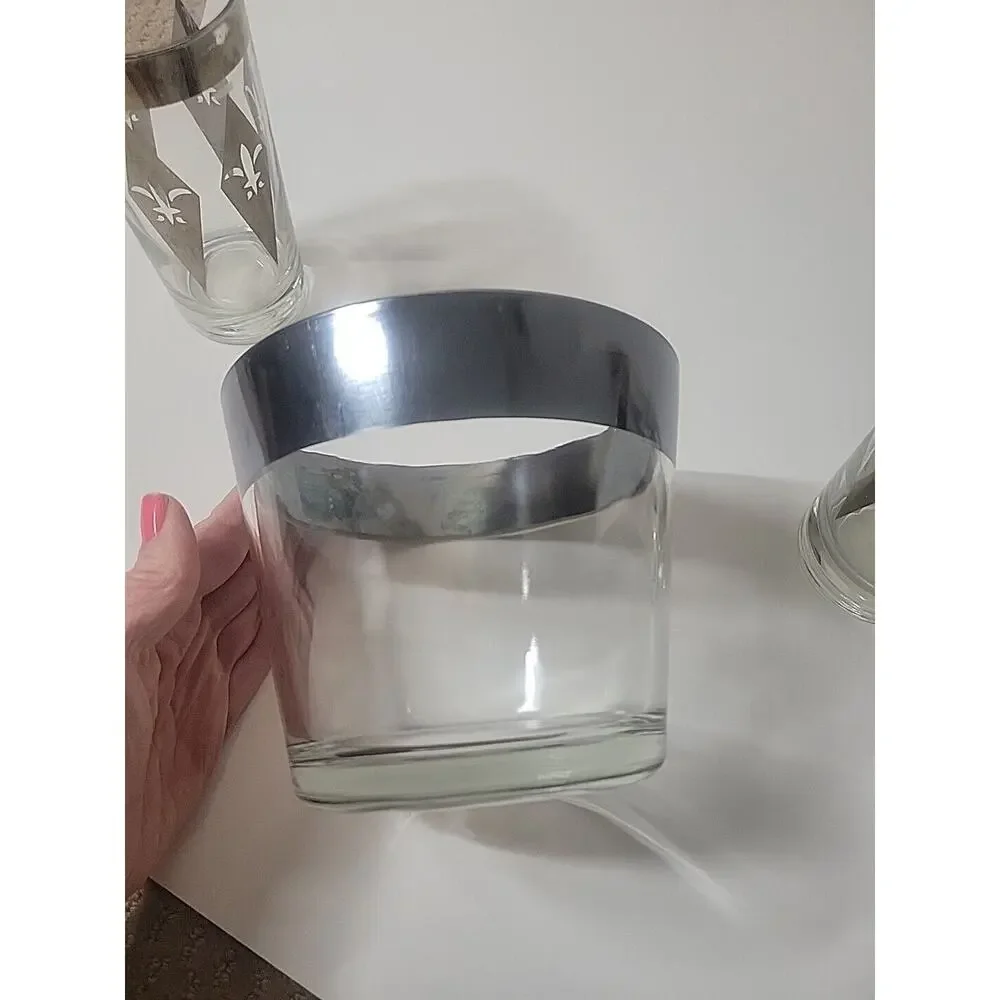 Vintage 1960's Dorothy Thorpe MCM Ice Bucket Silver Rim And Glasses